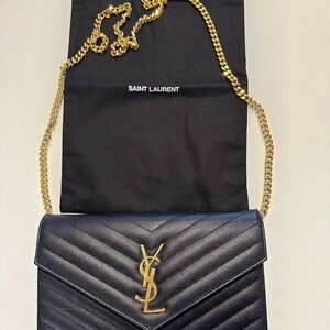 Saint Laurent Black Quilted Leather Chevron Crossbody with Gold YSL Chain